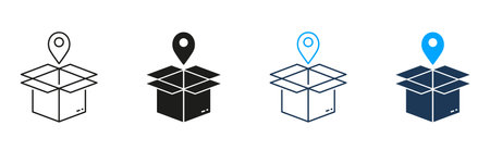 Order Location Line and Silhouette Icon Set. Pointer with Box, Shipping Sign. Pick Up Package Icon. Delivery Service Pictogram. Receive Parcel Place. Editable Stroke. Isolated Vector Illustrationのイラスト素材