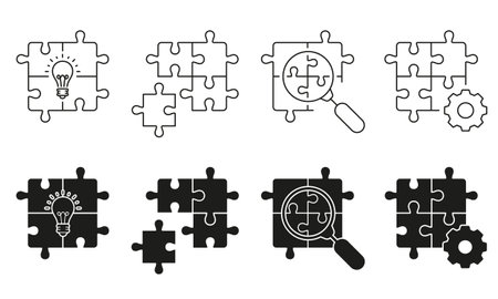 Puzzle icon with Magnifier and Lightbulb. Solution Symbol. Business Development, Jigsaw Parts and Cogwheel Line and Silhouette Icon Set. Editable Stroke. Isolated Vector Illustrationのイラスト素材