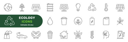 Environment Conservation Line Icon Set. Electricity Power Pictogram. Eco Alternative Natural Renewable Energy Sign Editable Stroke. Isolated Vector Illustrationのイラスト素材