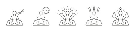 Mental Health, Wellness and Wellbeing Line Icon. Yoga Poses Outline Pictogram Set. Healthy Lifestyle Icon. Editable Stroke. Isolated Vector Illustrationのイラスト素材
