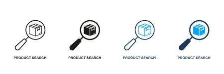 Product Search Line and Silhouette Icon Set. Box with Magnifier Pictogram. Warehouse Inventory, Find, Identify Parcel Symbol. Shipping Information Sign. Editable Stroke. Isolated Vector Illustrationのイラスト素材