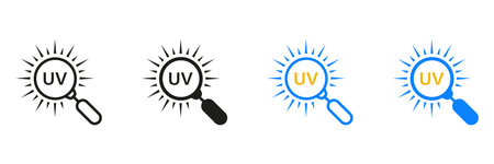 Ultraviolet Rays Research Line and Silhouette Icon Set. UV with Magnifying Glass Pictogram. Summer Sunshine Symbol. Danger Heatwave Sign. Isolated Vector Illustrationのイラスト素材