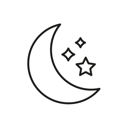 Moon And Stars Line Icon. Night Sky Crescent Moon With Stars Outline Symbol. Editable Stroke. Isolated Vector Illustrationのイラスト素材