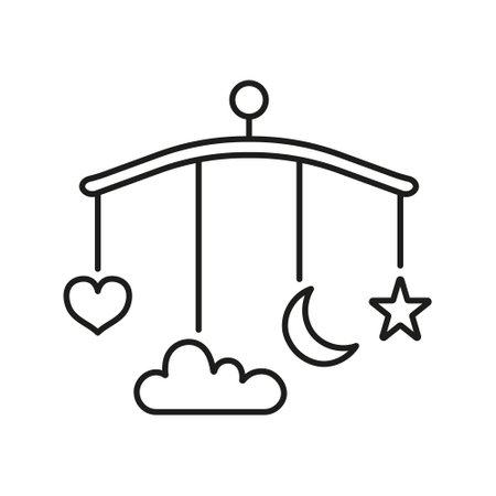 Baby Mobile with Heart, Moon, Stars Line Icon. Nursery Sleep Aid Outline Symbol. Infant Crib Mobile. Nursery Decoration for Bedtime, Hanging Decorations. Editable Stroke. Isolated Vector Illustrationのイラスト素材