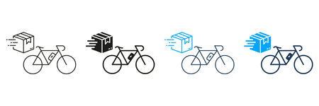 Fast Bike Delivery Service Line and Silhouette Icon Set. Express Postal Transportation, Bicycle Shipping Pictogram. Parcel Shipment Symbol. Editable Stroke. Isolated Vector Illustrationのイラスト素材