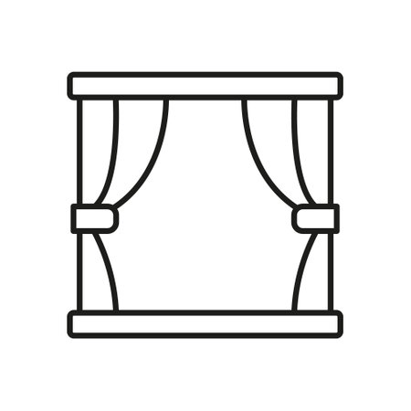 Window With Curtains Line Icon. Home Window With Drapes Outline Symbol. Drapes For Home Interior. Editable Stroke. Isolated Vector Illustrationのイラスト素材
