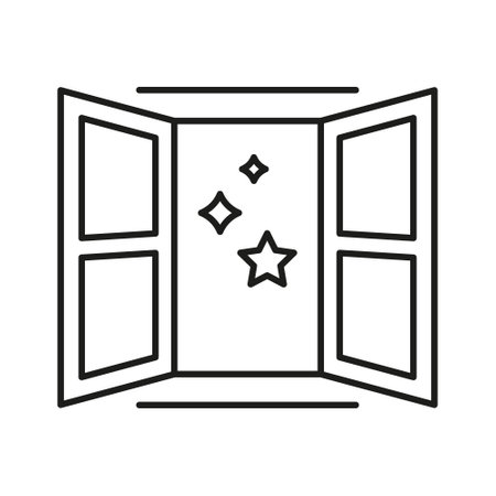 Open Window With Stars Line Icon. Night Sky View Through Window Outline Symbol. Nighttime Sign. Editable Stroke. Isolated Vector Illustrationのイラスト素材