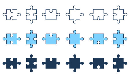 Puzzle Pieces Fit Line and Silhouette Icon Set. Business Strategy, Teamwork, Brainstorming Concept. Editable Stroke. Isolated Vector Illustrationのイラスト素材