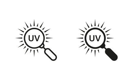 Ultraviolet Rays Research Line and Silhouette Icon Set. UV with Magnifying Glass Pictogram. Danger Heatwave Sign. Isolated Vector Illustrationのイラスト素材