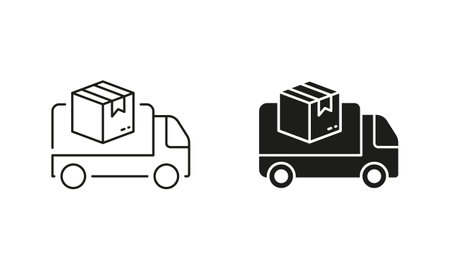 Cargo Van for Parcel Box Transportation Line and Silhouette Icon Set. Delivery Service Truck Pictogram. Editable Stroke. Isolated Vector Illustrationのイラスト素材