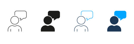 Man With Speech Bubble Line and Silhouette Icon Set. Dialog, Opinion, Brainstorm Pictogram. Communication In Chat Symbol. Customer Feedback. Editable Stroke. Isolated Vector Illustrationのイラスト素材