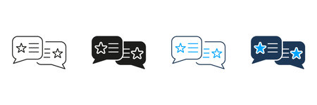 Customer Rating Line and Silhouette Icon Set. Dialog And Communication Pictogram. Feedback, Stars With Speech Bubble Symbol. Online Service Review Sign. Editable Stroke. Isolated Vector Illustrationのイラスト素材