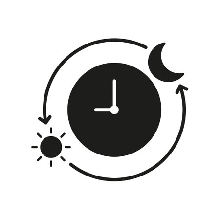Clock With Day And Night Cycle Silhouette Icon. Circadian Rhythm With Sun And Moon Glyph Symbol. Day And Night Transition. Isolated Vector Illustrationのイラスト素材
