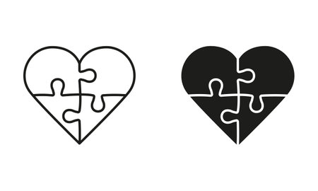 Jigsaw in Heart Shape Line Icon. Human Relationships, Love, Harmony Puzzle Pieces Match Together Linear Pictogram. Romance Dating Outline Sign. Editable Stroke. Isolated Vector Illustrationのイラスト素材