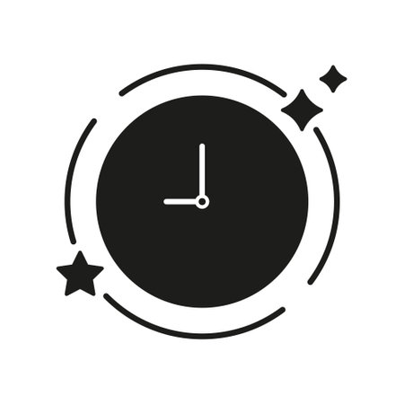 Clock With Stars Silhouette Icon. Time And Night Sky Elements Glyph Sign. Nighttime Clock With Cosmic Symbols. Isolated Vector Illustrationのイラスト素材