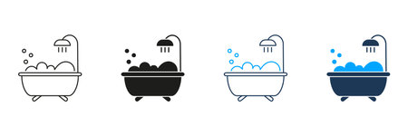Bathtub with Showerhead and Bubbles Line and Silhouette Icon Set. Relaxing Bath Time with Foam Symbol. Editable Stroke. Isolated Vector Illustrationのイラスト素材
