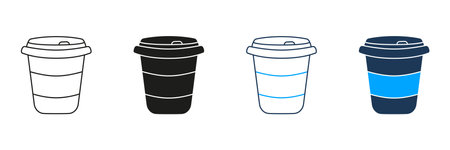 Takeaway Coffee Cup Line and Silhouette Icon Set. Disposable Cup with Lid Symbol. Editable Stroke. Isolated Vector Illustrationのイラスト素材