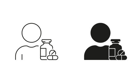Person with Drug Medication Symbol. Pharmacy Pills Line and Silhouette Icon Set. Medicine Treatment Pictogram. Editable Stroke. Isolated Vector Illustrationのイラスト素材