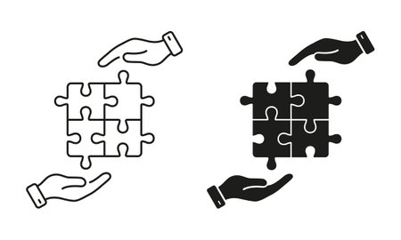 Puzzle and Human Hands Icon. Problem Solving, Strategy, Solution Concept. Jigsaw Pieces Match Together Line and Silhouette Icon Set. Editable Stroke. Isolated Vector Illustrationのイラスト素材
