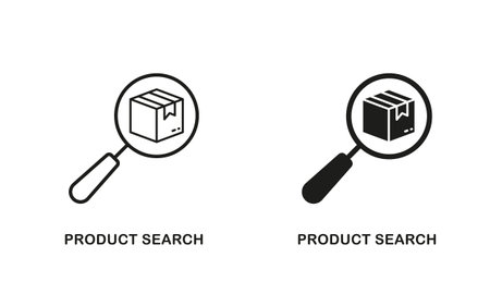 Shipping Information Sign. Product Search Line and Silhouette Icon Set. Box with Magnifier Pictogram. Editable Stroke. Isolated Vector Illustrationのイラスト素材
