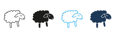 Sleeping Sheep Line and Silhouette Icon Set. Peaceful Rest and Counting Sheep Symbol. Bedtime Rest and Calm Night. Relaxation Aid. Editable Stroke. Isolated Vector Illustrationのイラスト素材