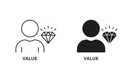 Man with Diamond, Employee Value Line and Silhouette Icon Set. Business Principles Symbol. Corporate Ideology Pictogram. Person is Core Values at Work Sign. Isolated Vector Illustrationのイラスト素材