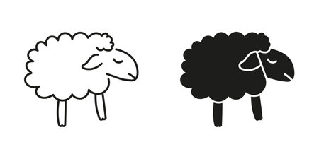 Sleeping Sheep Line and Silhouette Icon Set. Peaceful Rest and Counting Sheep Symbol. Bedtime Rest and Calm Night. Relaxation Aid. Editable Stroke. Isolated Vector Illustrationのイラスト素材
