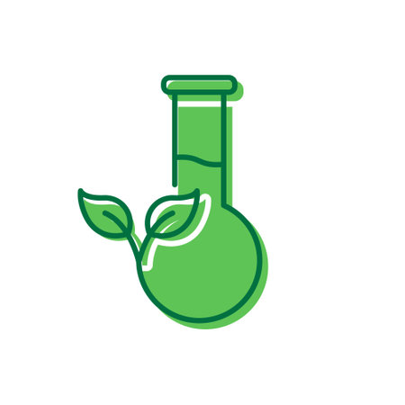 Flask with Leaf Equipment for Chemical Science Icon. Biology Plant Research Experiment in Laboratory Pictogram. Organic Scientific Lab Icon. Editable Stroke. Isolated Vector Illustrationのイラスト素材