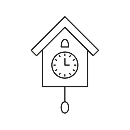 Cuckoo Clock Line Icon. Traditional Timekeeping, Home Decor, And Vintage Style Outline Symbol. Classic Wall Clock Design. Editable Stroke. Isolated Vector Illustrationのイラスト素材