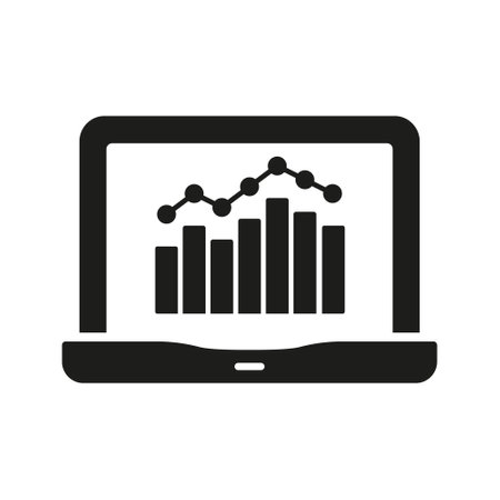 Laptop With Graphs Solid Icon. Data Analysis, Business Analytics, And Performance Tracking Silhouette Symbol. Financial Insights And Market Trends. Isolated Vector Illustrationのイラスト素材