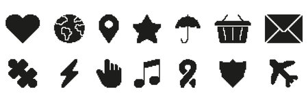 Retro Pixel Art Icon Set Featuring Heart, Globe, Location, Star, Umbrella, Shopping Basket,...