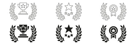 Trophy, Star, And Laurel Wreath Line And Solid Icon Set. Achievement, Excellence, Award Recognition Symbol Collection. Perfect For Competitions, Honors, Celebrations. Isolated Vector Illustrationのイラスト素材