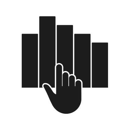 Hand Interacting With Bar Chart Solid Icon. Data Analysis, Interactive Visualization, And Business Analytics Silhouette Symbol. User Engagement In Statistics. Isolated Vector Illustrationのイラスト素材
