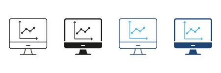Computer Monitor With Graph Line And Solid Icon Set. Data Analysis, Business Analytics, Performance...