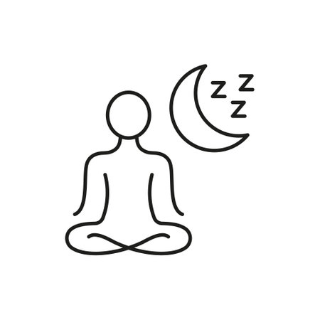 Person Meditating With Moon And Sleep Icon. Nighttime Relaxation, Mindfulness, And Sleep Enhancement Outline Symbol. Meditation For Better Sleep. Editable Stroke. Isolated Vector Illustrationのイラスト素材