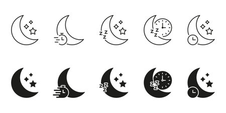 Crescent Moon And Clock Line And Solid Icon Set. Sleep Cycle, Nighttime, And Restful Sleep Tracking Silhouette Symbol Collection. Nocturnal Routine And Sleep Monitoring. Isolated Vector Illustrationのイラスト素材