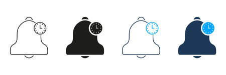 Bell With Clock Line And Solid Icon Set. Notification Timing, Reminder Alert, And Schedule...