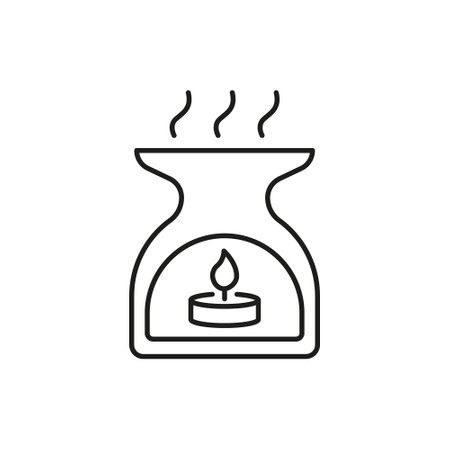 Aromatherapy Oil Burner Line Icon. Relaxation, Stress Relief, And Home Fragrance Diffuser Outline Symbol. Spa And Wellness. Editable Stroke. Isolated Vector Illustrationのイラスト素材