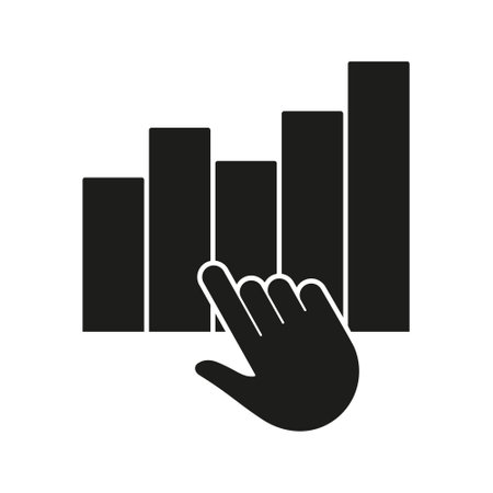 Hand Interacting With Bar Graph Solid Icon. Data Analysis, Interactive Analytics, And Business Intelligence Silhouette Symbol. Touchscreen Data Visualization. Isolated Vector Illustrationのイラスト素材