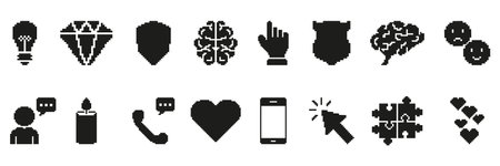 Pixel Art Icon Set. Light Bulb, Diamond, Shield, Brain, Hand, And More. Creative And Communication Symbols Collection For Digital Design And User Interface Elements. Isolated Vector Illustrationのイラスト素材