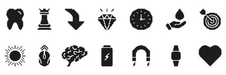 Pixel Art Icon Set Featuring Tooth, Chess Rook, Arrow, Diamond, Clock, Water Drop, Target, Sun....