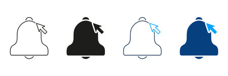Notification Bell With Cursor Line And Solid Icon Set. Alert And Reminder Activation Outline And...
