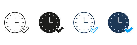 Clock With Checkmark Line And Solid Icon Set. Time Management, Task Completion, And Schedule...