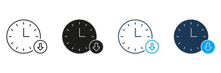 Clock With Download Arrow Line And Solid Icon Set. Time Management And Data Download Symbol Collection. Efficiency And Digital Access Representation. Isolated Vector Illustrationのイラスト素材