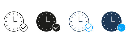 Clock With Checkmark Line And Solid Icon Set. Time Management, Task Completion, And Schedule Confirmation Symbol Collection. Efficient Planning And Productivity. Isolated Vector Illustrationのイラスト素材