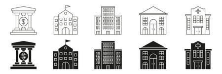 Bank, School, Office, And Hospital Building Line And Solid Icon Set. Financial, Educational, Corporate, Healthcare Facility Symbol Collection. Architectural Design. Isolated Vector Illustrationのイラスト素材