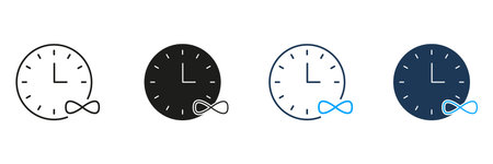 Clock With Infinity Symbol Line And Solid Icon Set. Timelessness, Eternity, And Infinite Time...