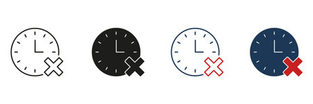 Clock With Cross Mark Line And Solid Icon Set. Time Management, Deadline Missed, And Schedule Cancellation Symbol Collection. Task And Appointment Rescheduling. Isolated Vector Illustrationのイラスト素材
