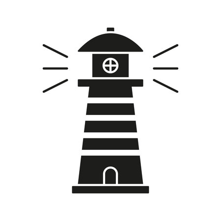 Lighthouse With Light Beams Solid Icon. Navigation, Guidance, And Safety Silhouette Symbol. Maritime Signal And Coastal Warning. Isolated Vector Illustrationのイラスト素材