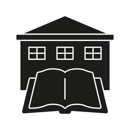 Open Book And Building Solid Icon. Education, Learning, And Library Silhouette Symbol. Knowledge And Academic Institution Representation. Isolated Vector Illustrationのイラスト素材